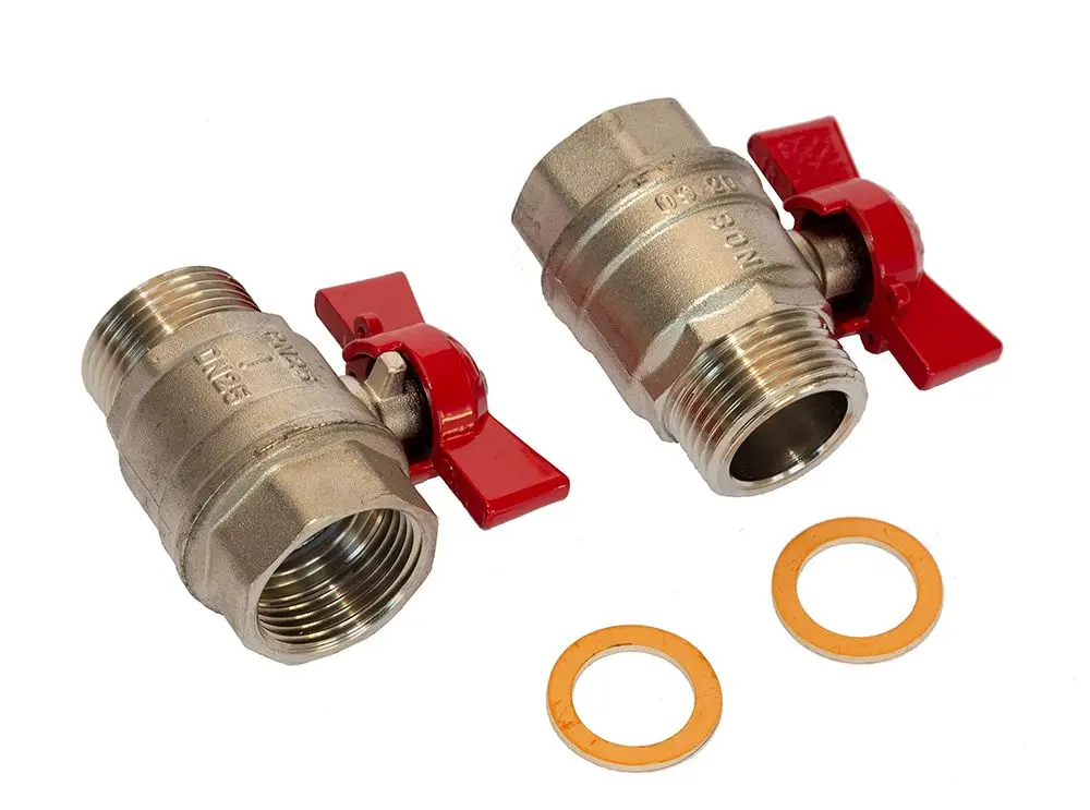 Kugelhahn-Set von Daikin mit zwei Ventilen und roten Griffen, ausgestattet mit Gummi-Dichtungsringen. Geeignet für einfache Rohrverbindungen.